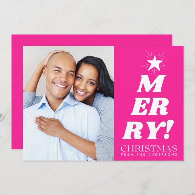 Pink Merry Christmas Photo Holiday Card (Front/Back)