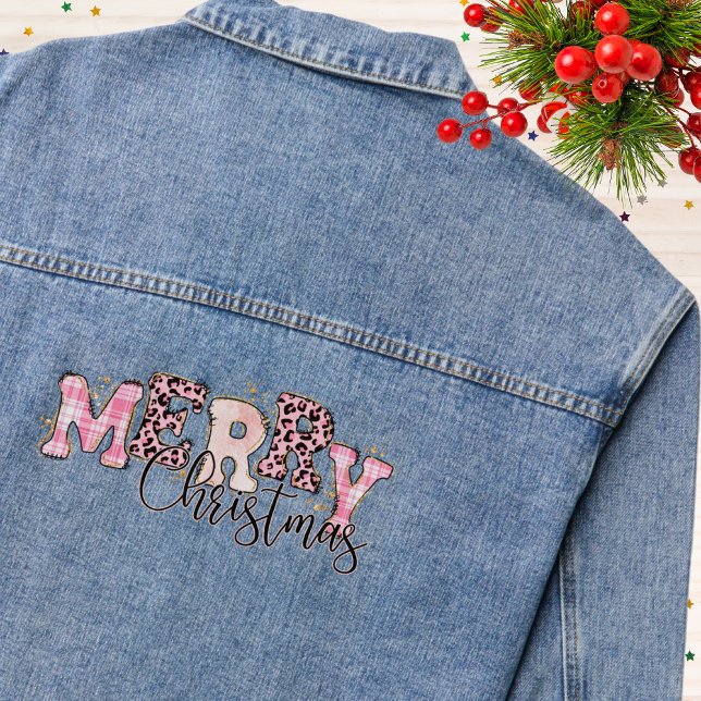 Pink Merry Christmas Plaid Leopard Print Glitter Denim Jacket (Creator Uploaded)