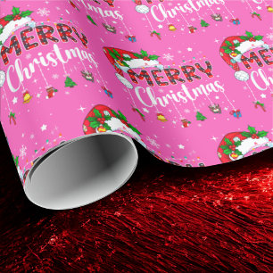Pink Merry Christmas Santa Hat Reindeer Xmas Pink Wrapping Paper