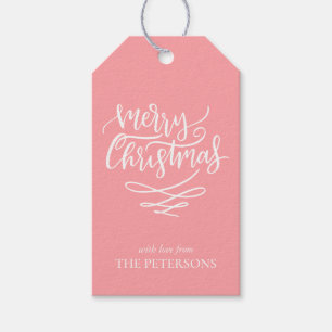 Pink Merry Christmas Script Christmas Trees Gift Tags