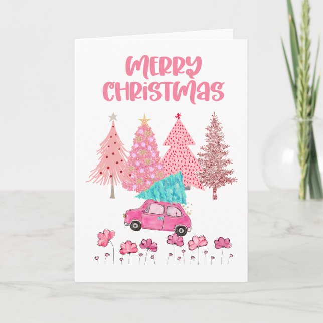 Pink Merry Christmas Trees Card (Front)