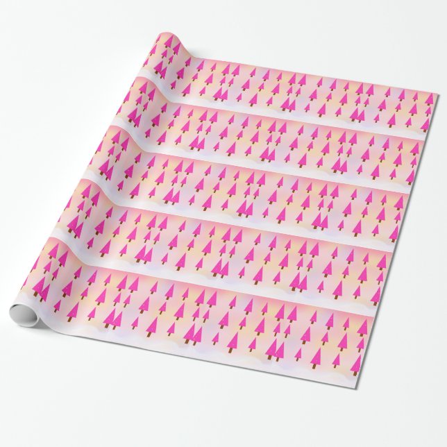 Pink Merry Christmas Trees Wrapping Paper (Unrolled)