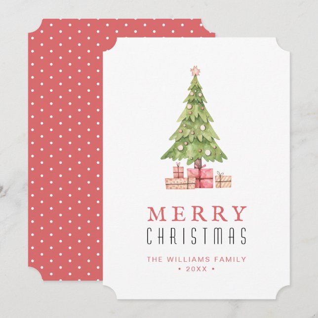 Pink Merry Christmas Watercolor Tree Holiday Card (Front/Back)