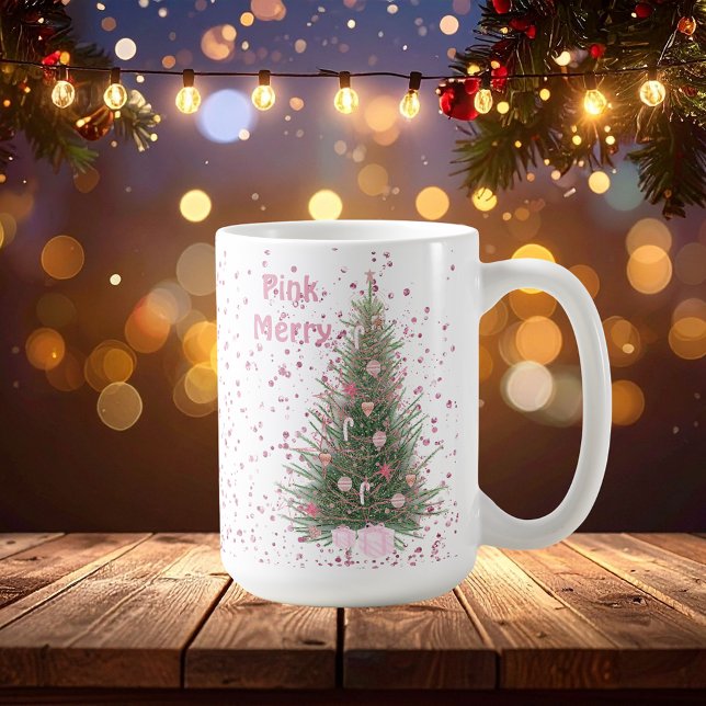 "Pink Merry" I Christmas Pine Tree Personalised Coffee Mug ("Pink Merry" I Christmas Pine Tree Personalized Coffee Mug)