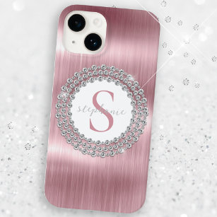 Pink Metal Diamonds Monogram Sparkly Luxurious iPhone 15 Pro Case