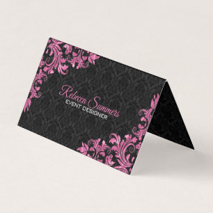 Pink Metal Lace Black Floral Damask Business Card