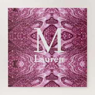 pink metallic abstract shiny monogram namegirly jigsaw puzzle
