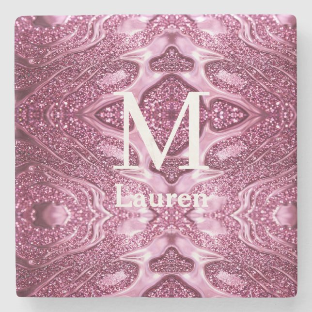 pink metallic abstract shiny monogram namegirly stone coaster (Front)