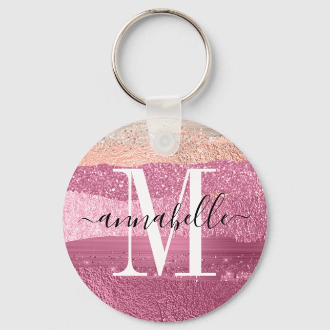 Pink Metallic Brushed Glitter Sparkle Monogram Key Ring (Front)