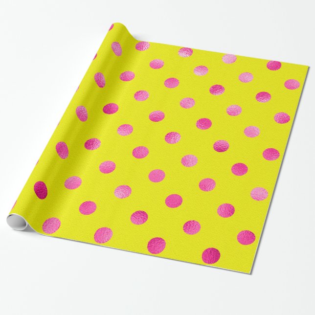 Pink Metallic Faux Foil Polka Dots Background Wrapping Paper (Unrolled)