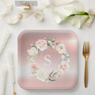 Pink Metallic Floral Monogram Watercolor Paper Plate