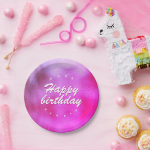 Pink Metallic Foil Star Girly Happy Birthday Paper Plate