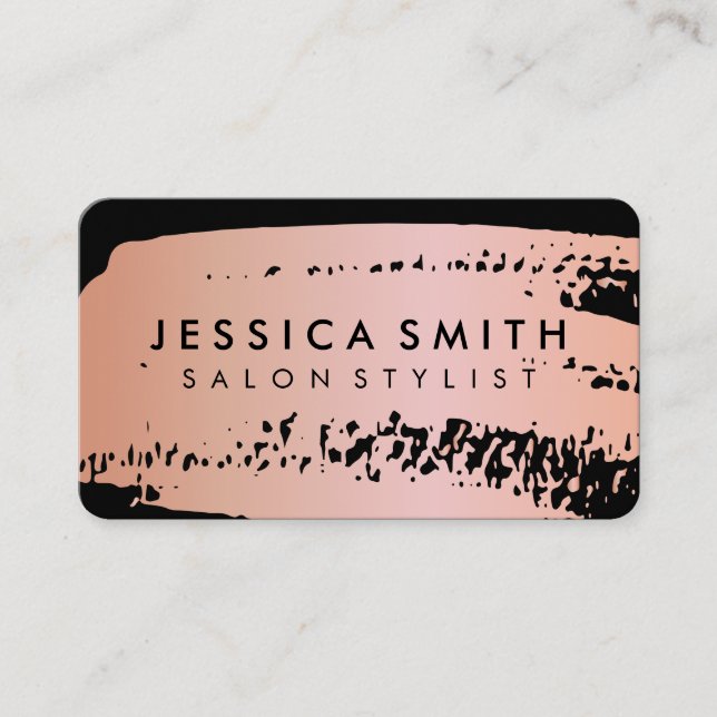 Pink Metallic Rose Gold and Black Brush Square Bus Business Card (Front)