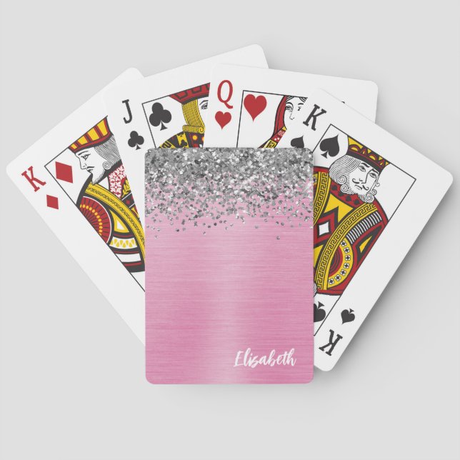 Pink Metallic Silver Glitter Girly Monogram Name Playing Cards (Back)