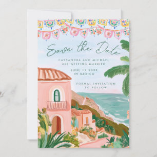 Pink Mexican Beach Town Destination Wedding Save The Date