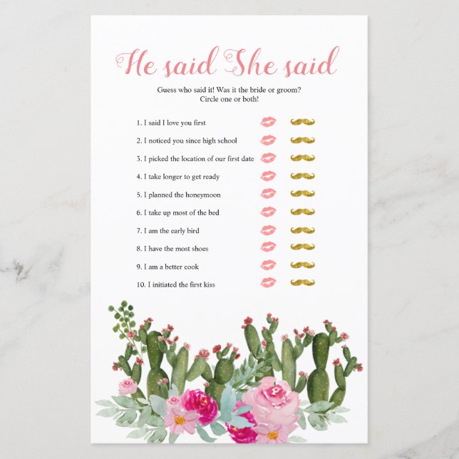 Pink Mexican cactus he said she said games card (Front)