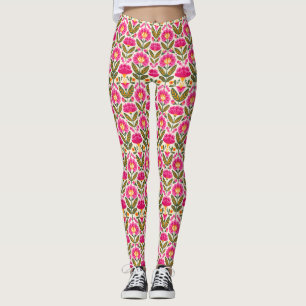 Pink Mexican Talavera Flowers BOHO Chic Floral Leggings