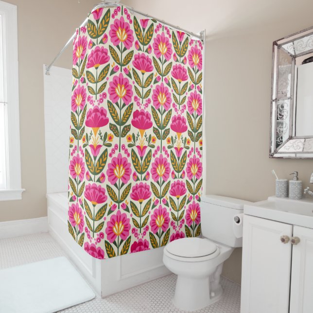 Pink Mexican Talavera Flowers Floral Pattern Retro Shower Curtain (In Situ)