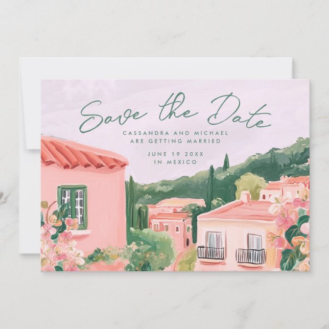 Pink Mexican Town Destination Wedding Save The Date (Front)