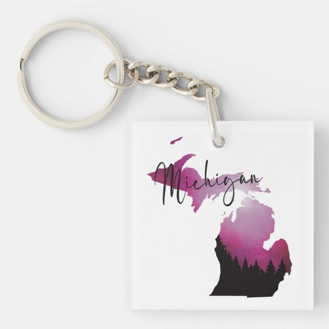 Pink Michigan State Map Pine Forest Camping Trip Key Ring (Front)