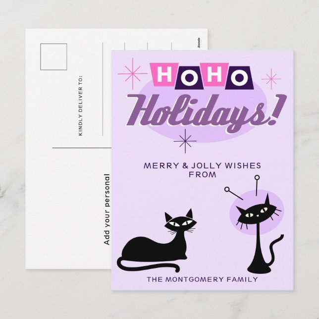 Pink Midcentury Modern Ho Ho Holidays Christmas Holiday Postcard (Front/Back)