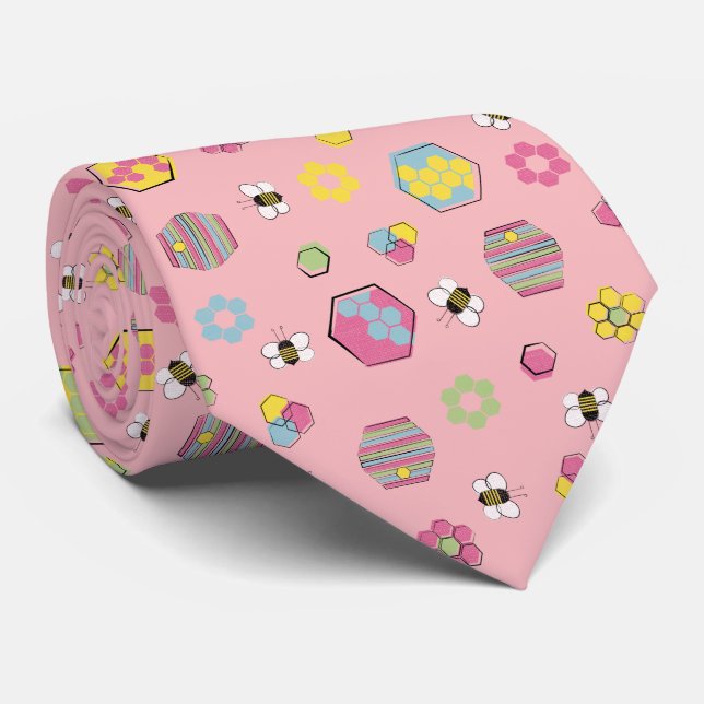 Pink Midcentury Retro Honey Bee Pattern Tie (Rolled)