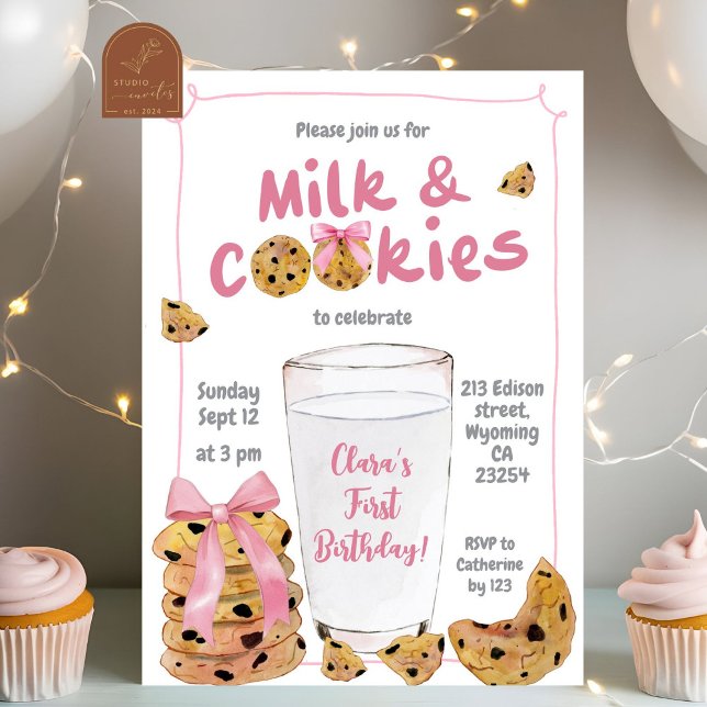 Pink Milk and Cookies Birthday Party Illustration Invitation (Creator Uploaded)