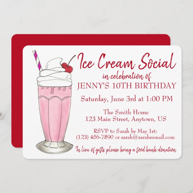 Pink Milkshake Ice Cream Social Birthday Party Invitation (Front/Back)