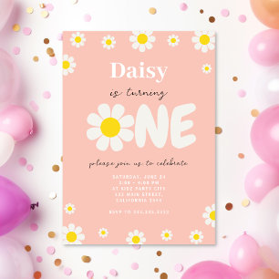 Pink Minimal Cute Daisy Script 1st Birthday Party Invitation