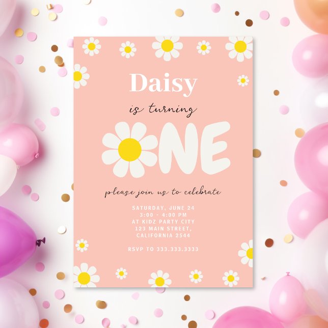 Pink Minimal Cute Daisy Script 1st Birthday Party Invitation (Creator Uploaded)