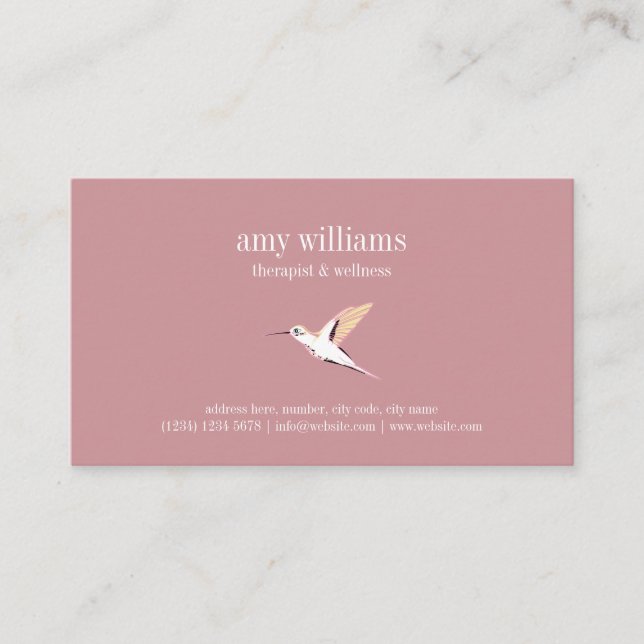Pink minimal femenine hummingbird illustration business card (Front)