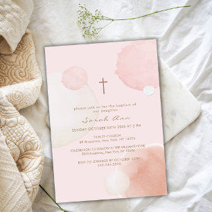 Pink Minimal Watercolor Boho Gold Cross Baptism  Invitation