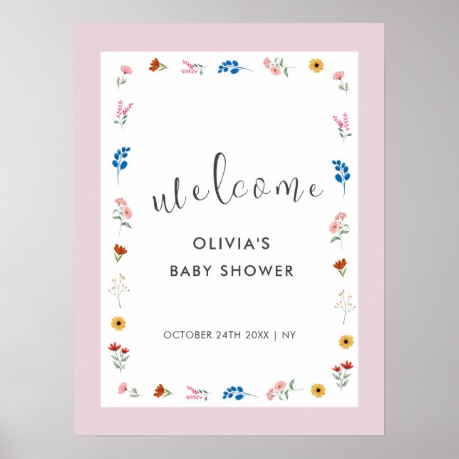 Pink Minimal Wildflower Baby Shower Welcome Poster (Front)