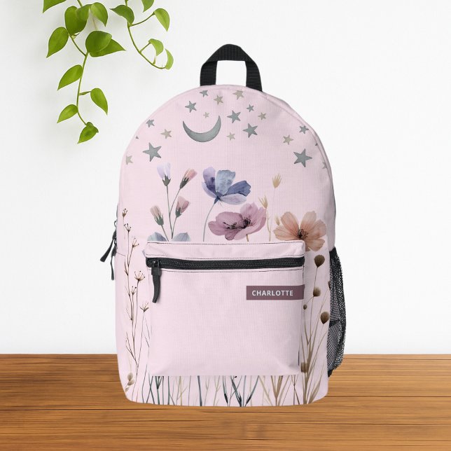 Pink Minimalist Boho Wildflower Custom Name Printed Backpack (Cute Pink Pastel Wildflower Girly Watercolor Floral Backpack
)