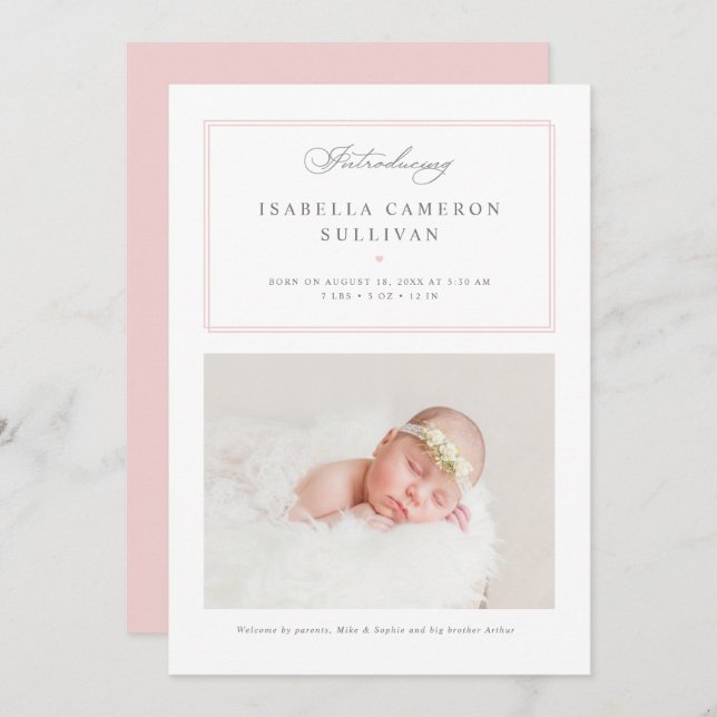 Pink Minimalist Borders Script Photo Baby Birth Announcement (Front/Back)