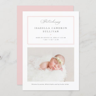 Pink Minimalist Borders Script Photo Baby Birth Announcement