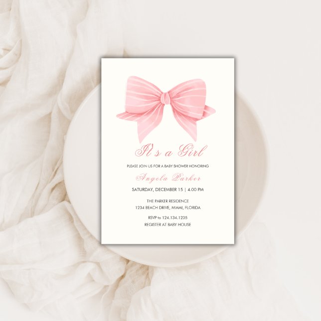 Pink Minimalist Bow Tie  Girl Baby Shower Invitation (Pink Minimalist Bow Tie Girl Baby Shower Invitation)