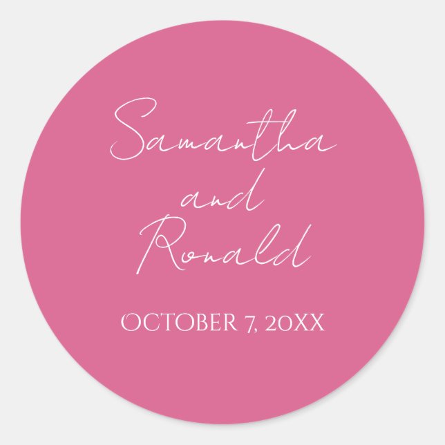 Pink Minimalist Calligraphy Wedding Classic Round Sticker (Front)
