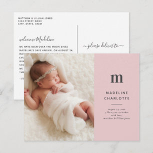 Pink Minimalist Girls Photo Birth Announcement Postcard
