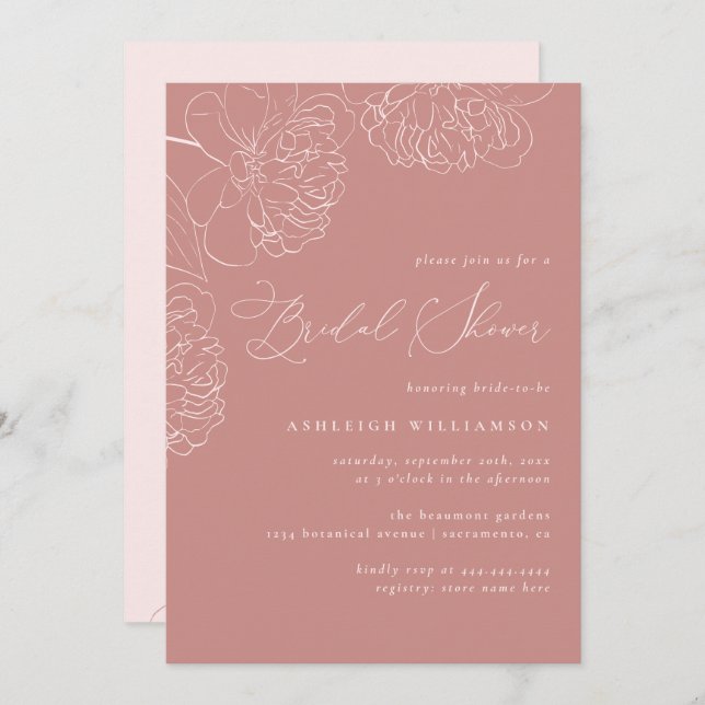 Pink Minimalist Hand-drawn Peonies Bridal Shower Invitation (Front/Back)