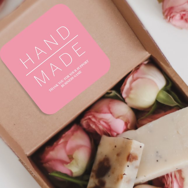 Pink Minimalist Handmade Business Support Square Sticker (Creator Uploaded)