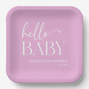 Pink Minimalist Hello Baby Baby Shower Paper Plate