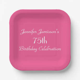 Pink Minimalist Name 75th Birthday Party Square Paper Plate