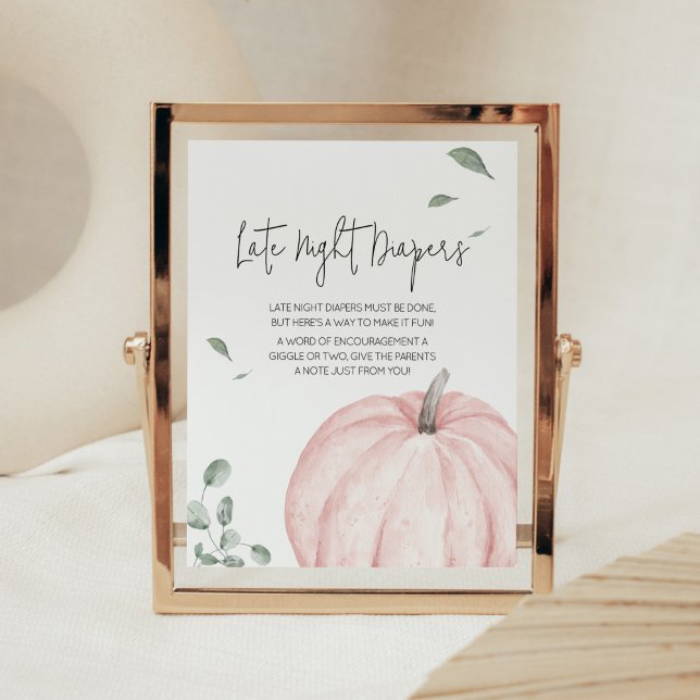 Pink Minimalist Pumpkin Late Night Diapers Poster (Watercolor Pumpkin Baby Shower Late Night Diapers Sign)