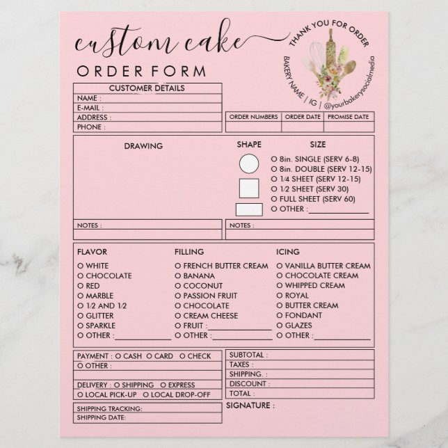 Pink Minimalist Rustic Wood Bakery Cake Order Form Flyer (Front)