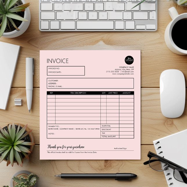Pink Minimalist Small Business Invoice Template Notepad (Pink Minimalist Small Business Invoice Template Notepad desk top mockup)