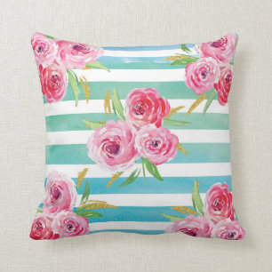 Pink, Mint and Gold floral Pillow. Cushion