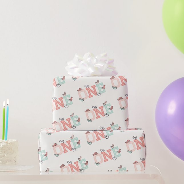 Pink & Mint Baby Ducks One Photo Girl 1st Birthday Wrapping Paper (Party Gifts)