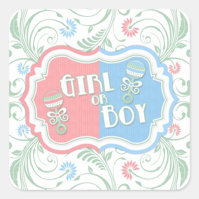 Pink Mint Blue Floral Gender Reveal Baby Shower Square Sticker (Front)