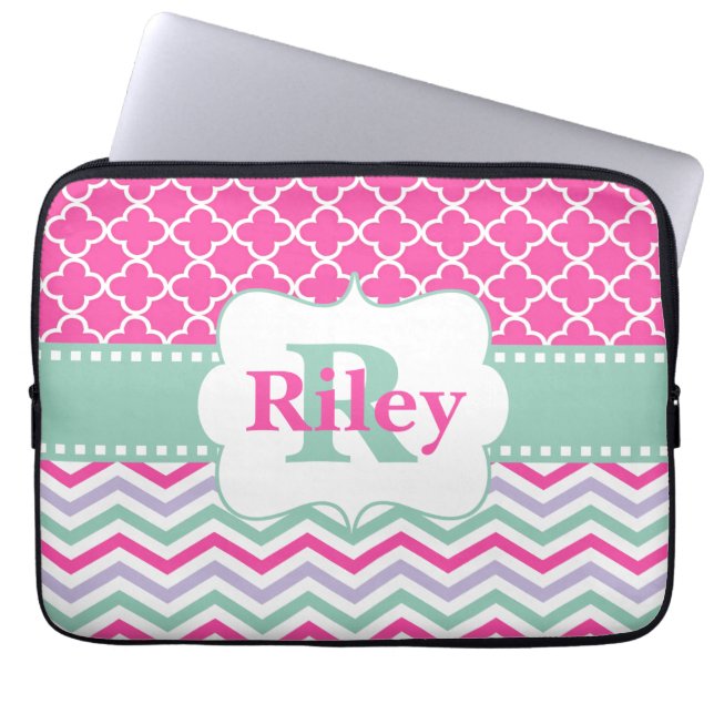 Pink Mint Chevron Monogram Laptop Sleeve (Front)